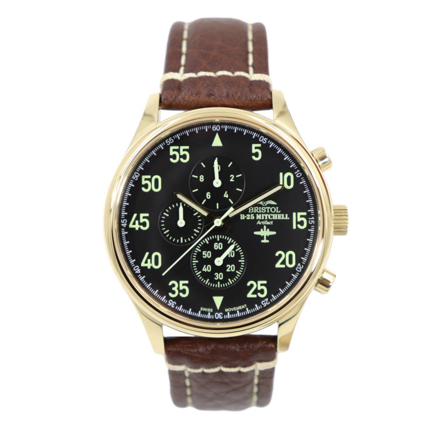 B-25 Mitchell Tribute - Gold Finish, Black Dial, Brown Leather Band with Stitching