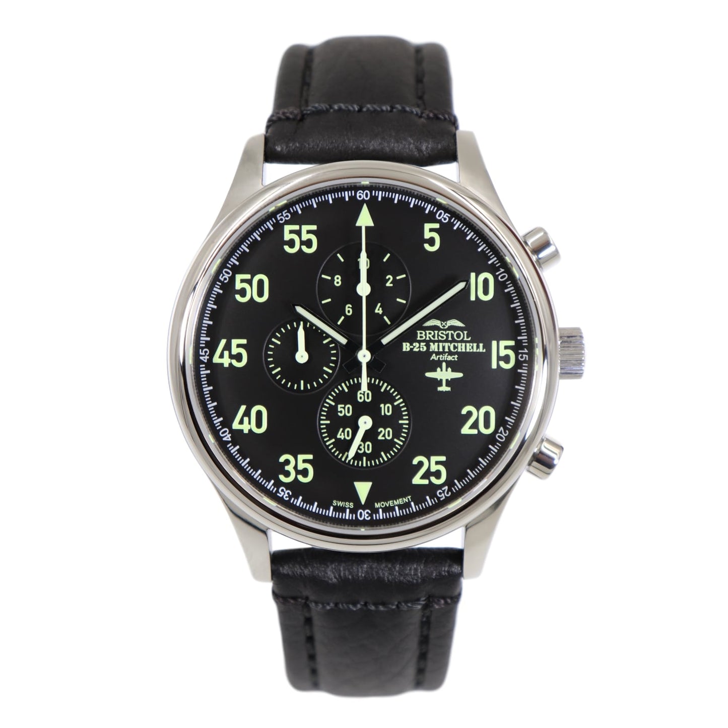 B-25 Mitchell Tribute - Stainless Steel, Polished Finish, Black Leather Band