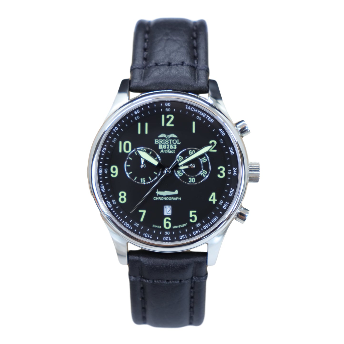 R6753 - Our Spitfire R6753 Tribute - Stainless Steel, Polished Finish, Black Leather Band